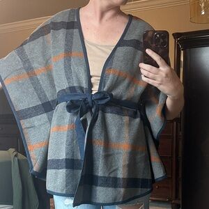 FAVLUX Wool cotton blend Gray Orange navy Plaid belted Poncho